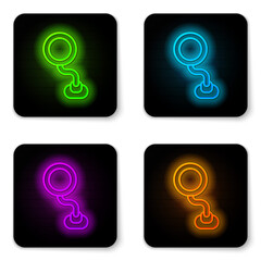 Glowing neon line Road traffic sign. Signpost icon isolated on white background. Pointer symbol. Isolated street information sign. Direction sign. Black square button. Vector