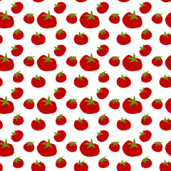 Bright red tomatoes with green leaves on a white background.  Seamless vector pattern.  Perfect for packaging design, wrapping paper, textiles, scrapbooking, kitchen and gardening items.
