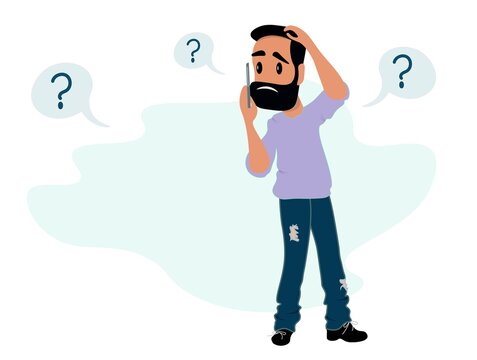 The hipster is on the phone. He is upset and confused. Serious questions. Vector image for illustration with place for text. Frequently asked questions concept.