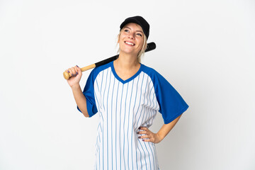 Young Russian woman playing baseball isolated on white background thinking an idea while looking up
