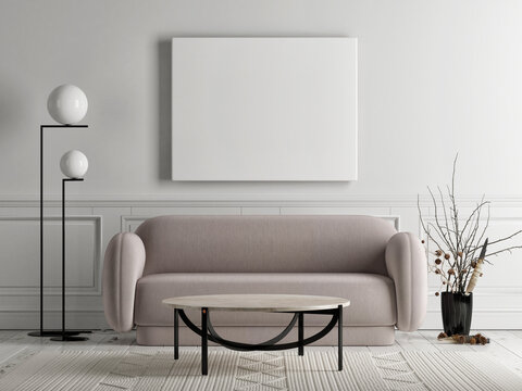 Mockup living room with an empty frame, 3d illustration, 3d render
