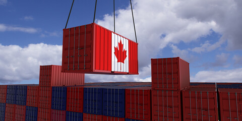 Canada
A freight container with the canadian flag hangs in front of many blue and red stacked freight containers - concept trade - import and export - 3d illustration
