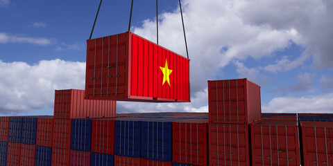 A freight container with the vietnamese flag hangs in front of many blue and red stacked freight containers - concept trade - import and export - 3d illustration
