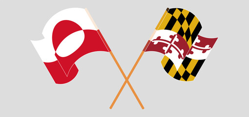Crossed and waving flags of Greenland and the State of Maryland