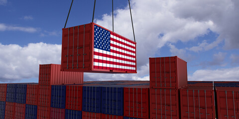 A freight container with the american flag hangs in front of many blue and red stacked freight containers - concept trade - import and export - 3d illustration