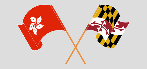 Crossed and waving flags of Hong Kong and the State of Maryland