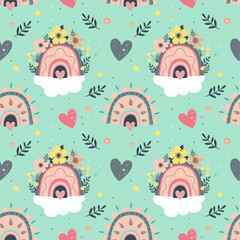 Childish seamless pattern with cute drawn rainbow and flowers. Great for baby clothes, decor, postcards, covers and packaging. Children vector illustrations
