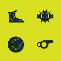 Set Sport boxing shoes, Whistle, Tennis ball and Punch gloves icon. Vector