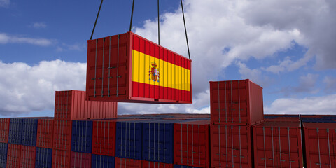 A freight container with the spanish flag hangs in front of many blue and red stacked freight containers - concept trade - import and export - 3d illustration