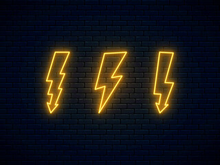 Neon lightning bolt set. Banner design, bright advertising signboard elements. Vector illustration. Electric discharge symbol. High-voltage thunderbolt neon. Lightning, thunder and electricity sign.
