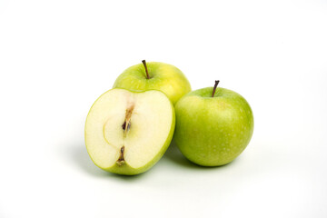 Three fresh whole and sliced apples on white background