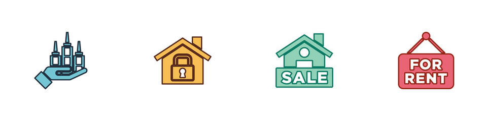 Set Skyscraper, House under protection, Hanging sign with Sale and For Rent icon. Vector