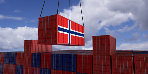 A freight container with the norwegian flag hangs in front of many blue and red stacked freight containers - concept trade - import and export - 3d illustration