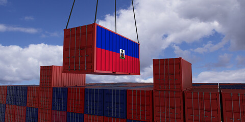 A freight container with the haitian flag hangs in front of many blue and red stacked freight containers - concept trade - import and export - 3d illustration