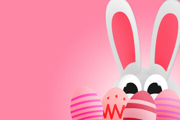 White rabbit on pink backroung. Hided behind easter eggs. Illustration. 