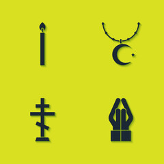 Set Burning candle, Hands praying position, Christian cross and Star crescent chain icon. Vector
