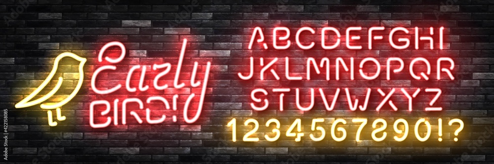 Fototapete vector realistic isolated neon sign of early bird with easy to change color font alphabet logo for t