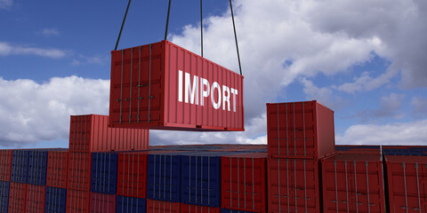 A freight container with the inscription import hangs in front of many blue and red stacked freight containers - concept trade - import and export - 3d illustration