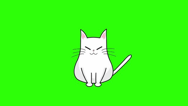 Cartoon character white cat loop animation on green screen. Kawaii anime style. 