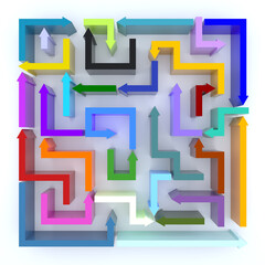 An Elevated view of Multi Colored Arrows Maze. 3D Rendering