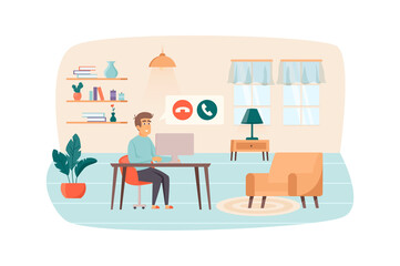 Man makes video calls from computer sitting in room at home office scene. Video conference, communication technology, remote work concept. Vector illustration of people characters in flat design