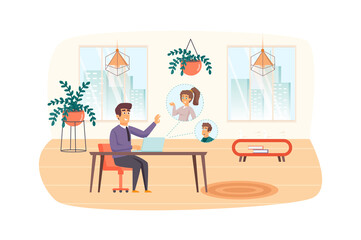 Man talks with colleagues on video conference from home office scene. Businessman communicate online with partners. Video calling work concept. Vector illustration of people characters in flat design