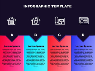 Set line Garage, House with shield, plan and Online real estate house. Business infographic template. Vector