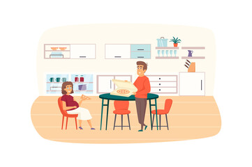Young family eating at kitchen together scene. Pregnant woman eat pizza with her husband. Pregnancy, childhood, maternity, parenthood concept. Vector illustration of people characters in flat design