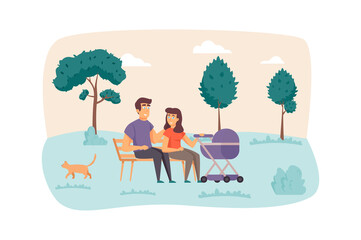 Young family with baby scene walk in park. Father and mother with kid in stroller. Pregnancy, childhood, maternity, parenthood concept. Vector illustration of people characters in flat design