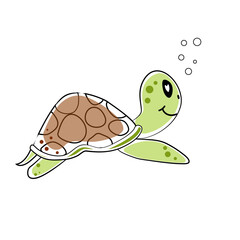 Green sea turtle with brown shell, air bubbles and seaweed. Vector illustration