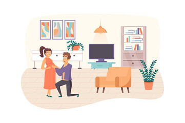 Young family expecting baby born scene. Husband embracing pregnant belly of his wife. Pregnancy, childhood, maternity, parenthood concept. Vector illustration of people characters in flat design