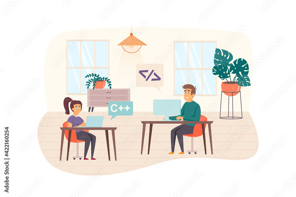 Fototapete Programmers testing software scene. Teamwork fixing bugs in program code, working on project, brainstorming at office. IT industry concept. Vector illustration of people characters in flat design