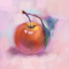 Red apple with a twig and leaves on a pink background. Digital painting