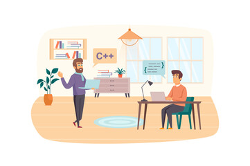 Development and testing software scene. Men programmers working on laptops, fixing bugs in program code, brainstorming. IT industry concept. Vector illustration of people characters in flat design