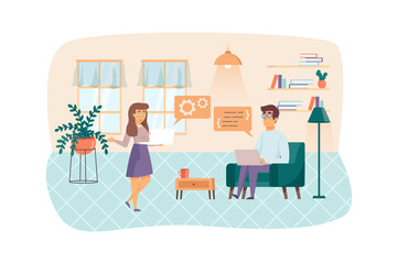 Programmers team testing software and fixing bugs in program code scene. Colleagues working at office and brainstorming. IT industry concept. Vector illustration of people characters in flat design