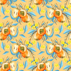 Seamless pattern orange persimmon on an orange background, yellow flowers, blue leaves