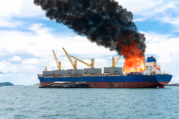 Large general cargo ship for logistic import export goods and other the explosion and had a lot of...