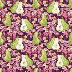 Pear watercolor drawing, green pear, pink leaves, peach flowers. Seamless pattern. Botanical illustration