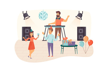 Man and woman having fun and dancing at party scene. DJ plays music at mixing panel at club. Holiday, celebration, pastime together concept. Vector illustration of people characters in flat design