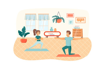 Obraz premium Man and woman practicing yoga at room scene. Couple doing asana poses. Home workout, sport activities, training, healthy lifestyle concept. Vector illustration of people characters in flat design