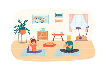 Couple exercising at home scene. Woman practicing yoga asana, man doing lotus pose. Sport activities, meditation, healthy lifestyle concept. Vector illustration of people characters in flat design