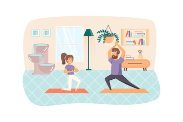 Couple exercising and practicing yoga asanas at home scene. Woman and man training. Sport activities, meditation, healthy lifestyle concept. Vector illustration of people characters in flat design