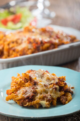 gratinated pasta on wood