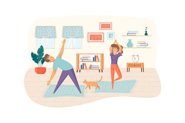 Pair yoga and home workouts scene. Man and woman doing exercise, balance position. Sport activities, meditation, healthy lifestyle concept. Vector illustration of people characters in flat design
