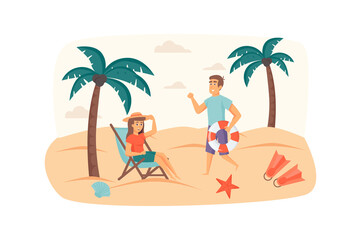 Obraz premium Couple travels together scene. Man and woman resting on beach by sea, lying on sun lounger, sunbathing. Seaside resort, summer rest concept. Vector illustration of people characters in flat design