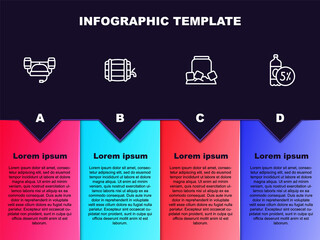 Set line Beer helmet, Wooden barrel on rack, Cold beer can and bottle. Business infographic template. Vector