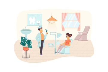 Dentist examines female patient scene. Woman visiting dental clinic for check up or treatment procedure. Medical center, healthcare concept. Vector illustration of people characters in flat design