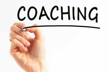Hand writing inscription coaching with marker, concept, stock image