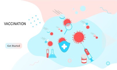 Landing page of vaccination website. Immunization campaign. Health care and protection. Isometric medical treatment. Flat vector illustration for wallpaper, banner, background, card, book illustration