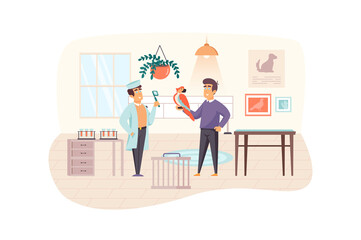 Veterinary clinic scene. Man with parrot visiting veterinarian, doctor examining bird. Medical office interior. Vet medicine, pet care concept. Vector illustration of people characters in flat design